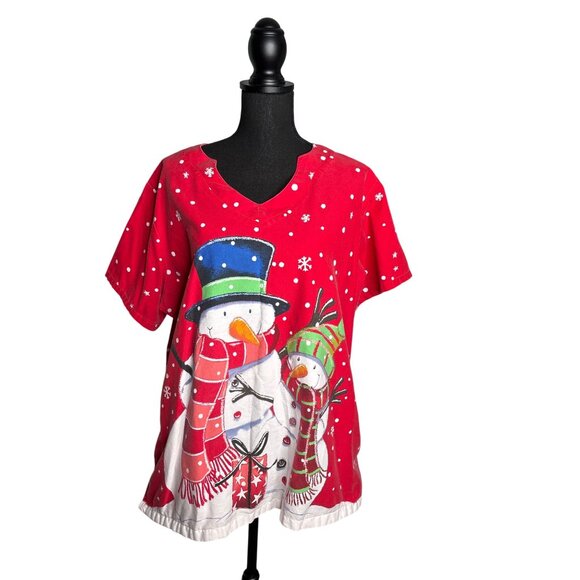 UA Scrubs Women's Bold Snowman Scene Winter Holiday Scrub Top XL - Picture 1 of 9